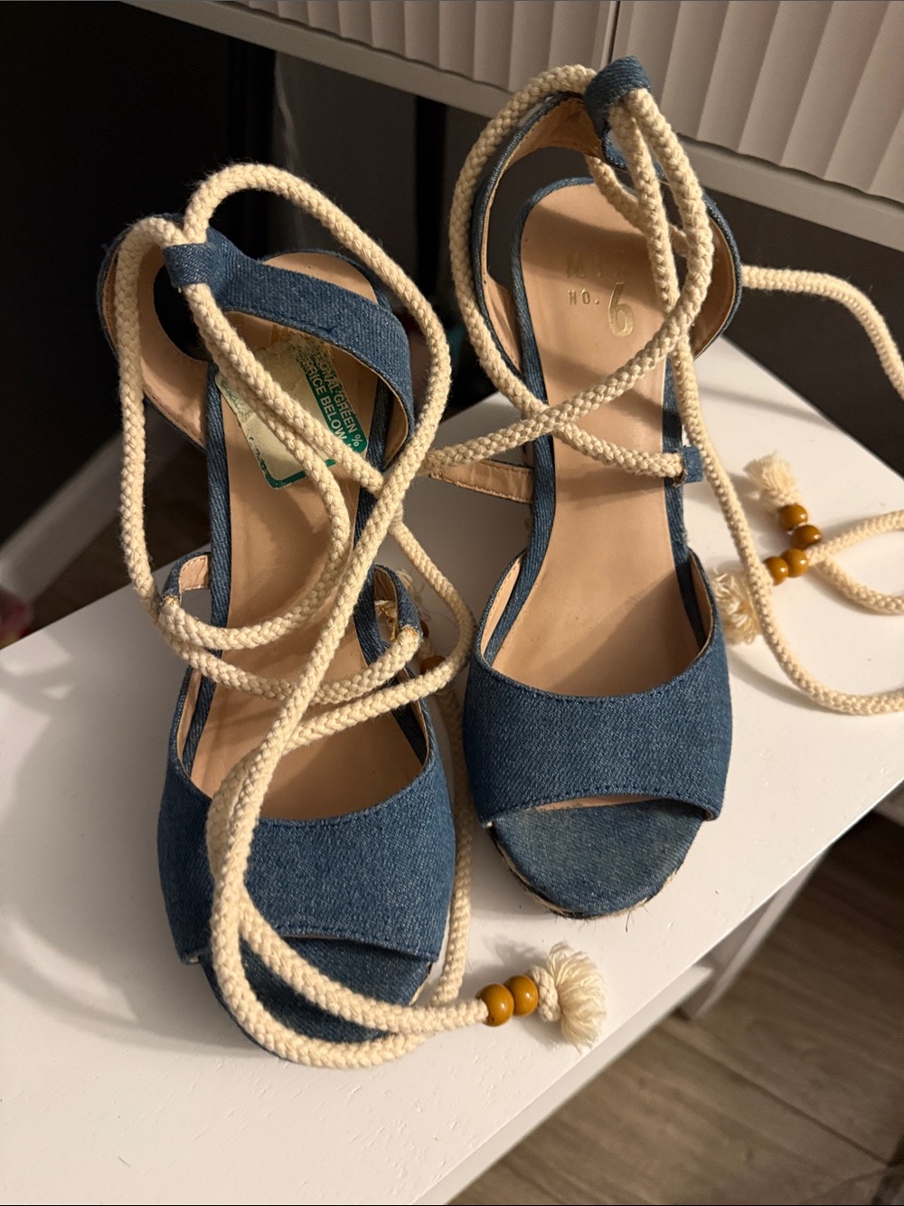 Mix No. 6 Denim Wedge Sandals with Cream Rope Tie
